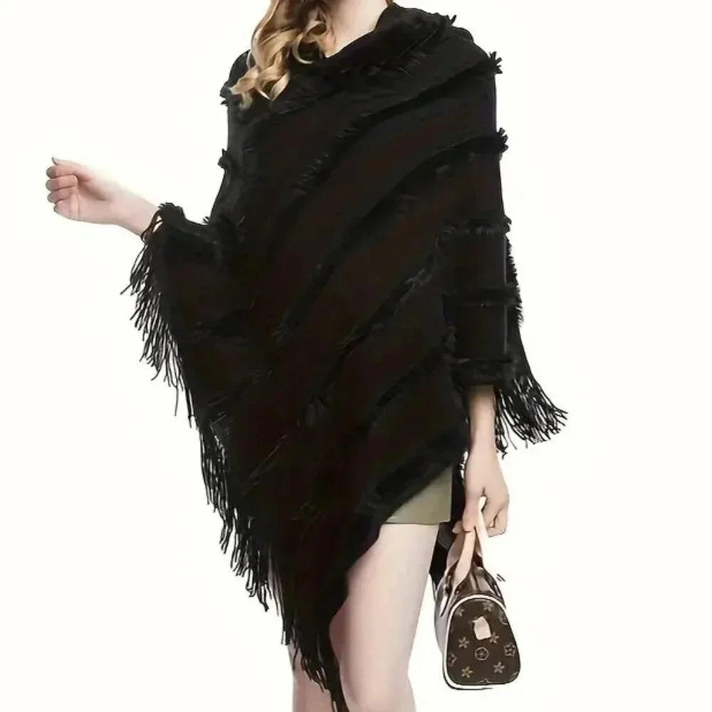 Hooded Shawl with Tassels & Faux Fur Trim